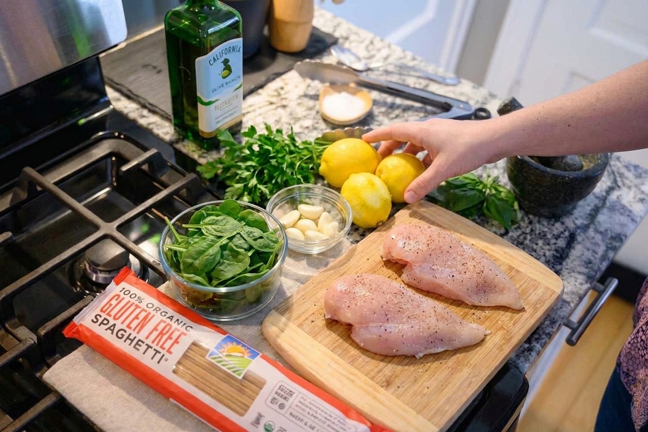 Gluten free pasta, lemons, garlic, olive oil, chicken breasts, spinach, and herbs arranged on a clean kitchen counter with consistent warm lighting