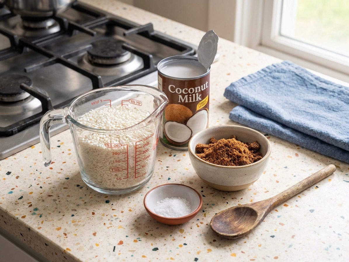 Glutinous rice, canned coconut milk, brown sugar, and salt measured on a clean kitchen counter with soft daylight
