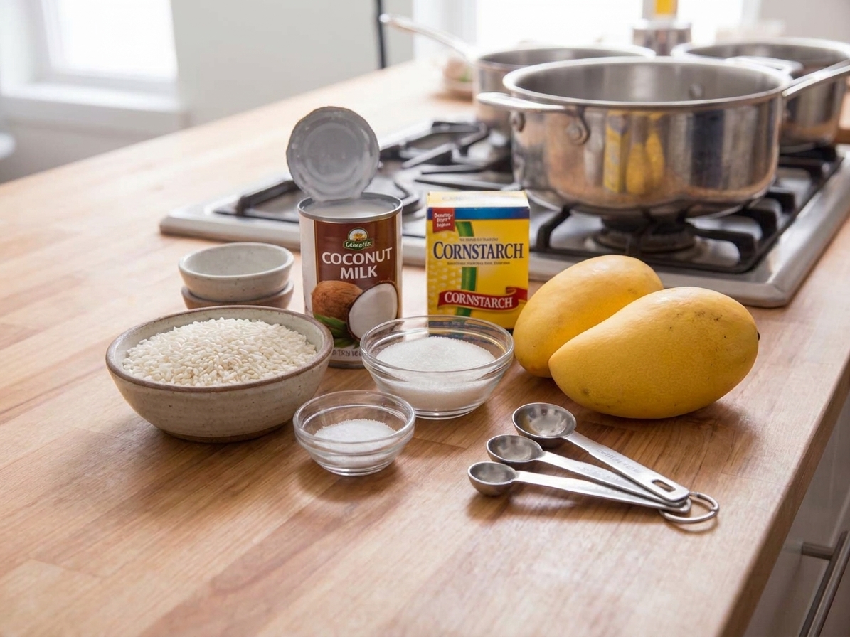 Glutinous rice, canned coconut milk, sugar, salt, cornstarch, and two ripe mangoes arranged on a clean kitchen counter with small bowls and measuring spoons