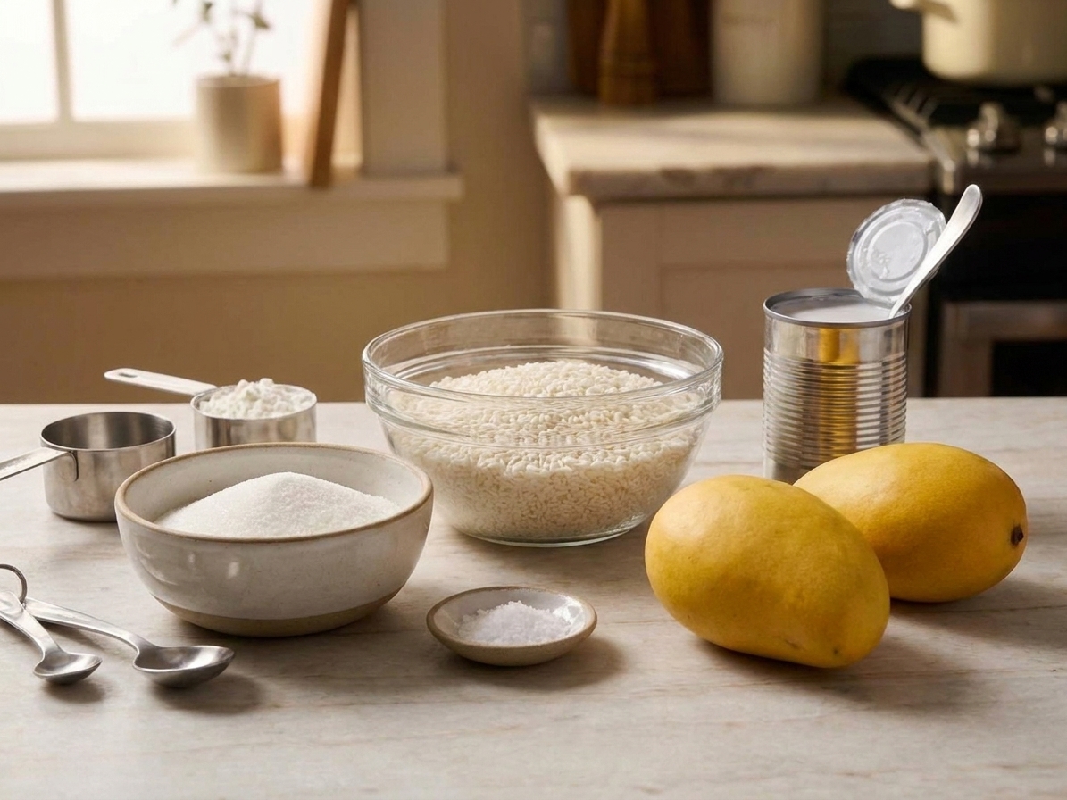 Glutinous rice, canned coconut milk, sugar, salt, ripe mangoes, and cornstarch arranged on a neutral kitchen counter with small bowls and measuring cups