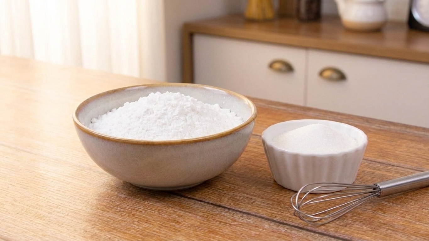 Glutinous rice flour measured in a ceramic bowl on a kitchen counter next to sugar and a small whisk