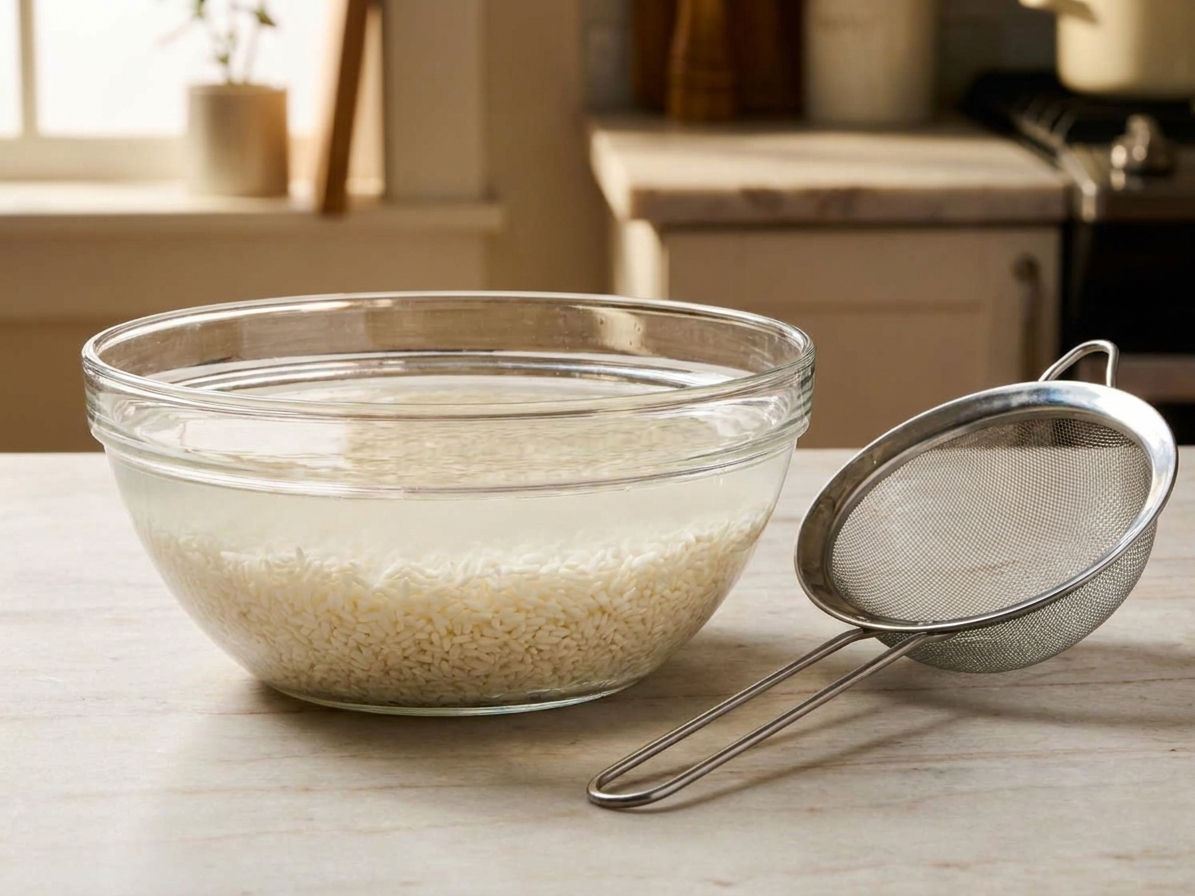 Glutinous rice soaking in a clear bowl of water on a kitchen counter with a fine-mesh strainer nearby