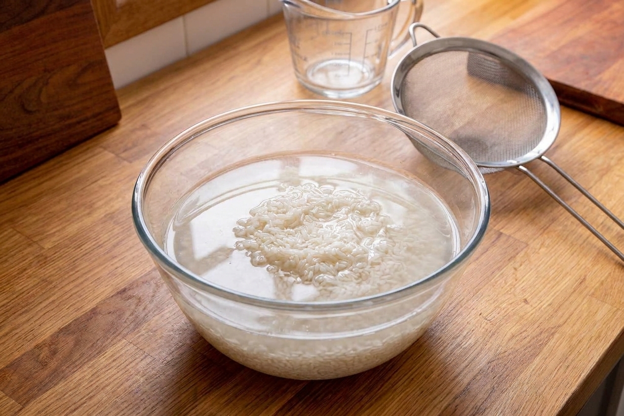 Glutinous rice soaking in a clear glass bowl of water on a kitchen counter, with a strainer and measuring cup nearby in consistent natural light