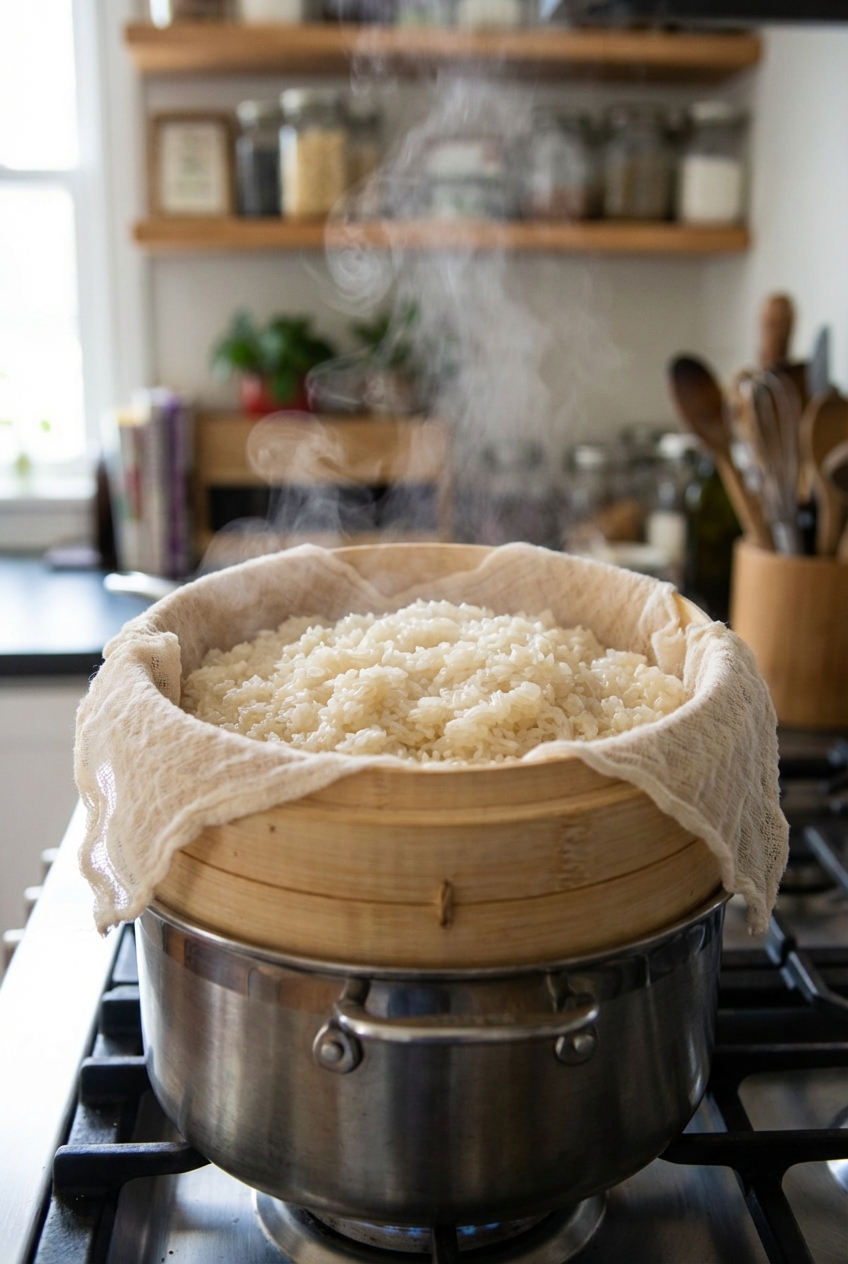 Glutinous rice steaming in a lined steamer basket over a pot of simmering water