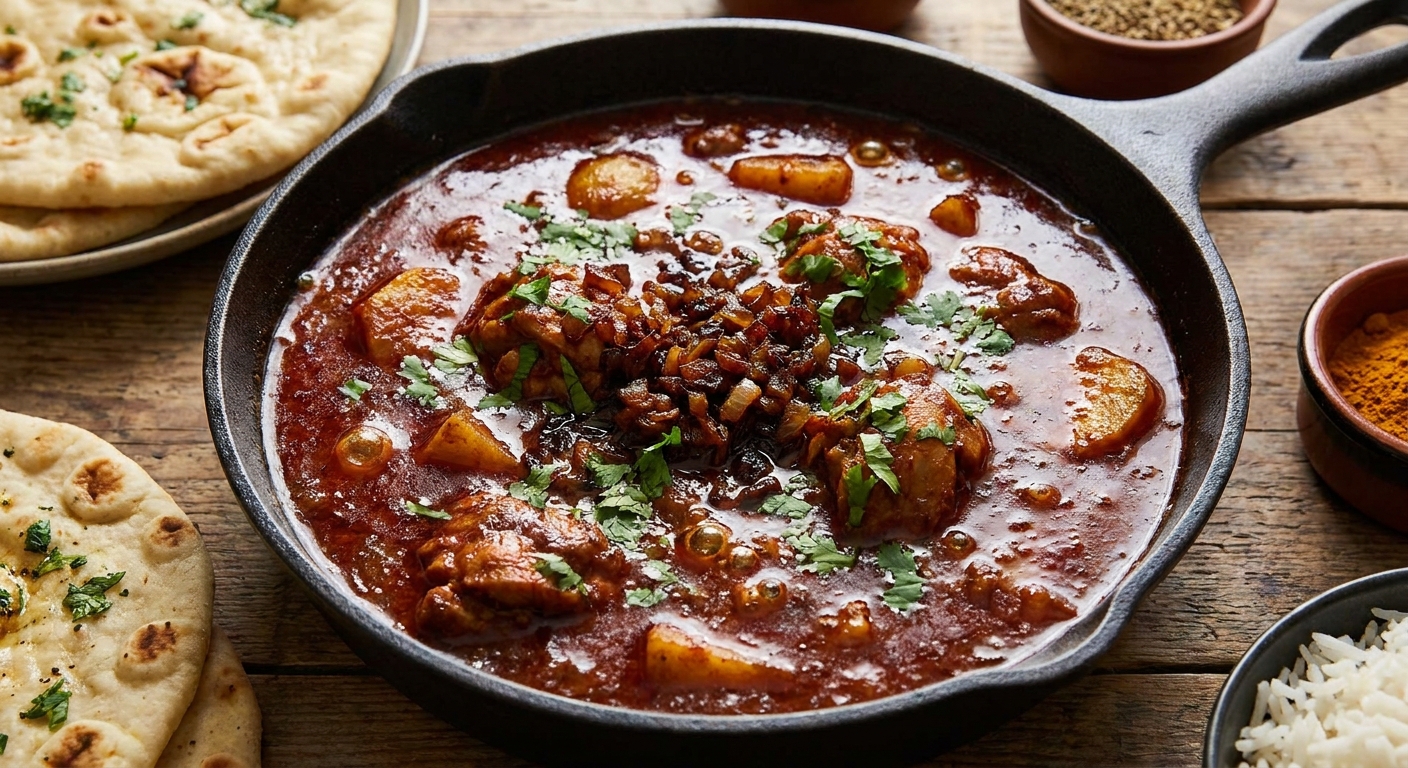 Goan-style chicken vindaloo simmering in a dark, glossy red gravy in a cast iron skillet, with browned onion bits and fresh cilantro on top