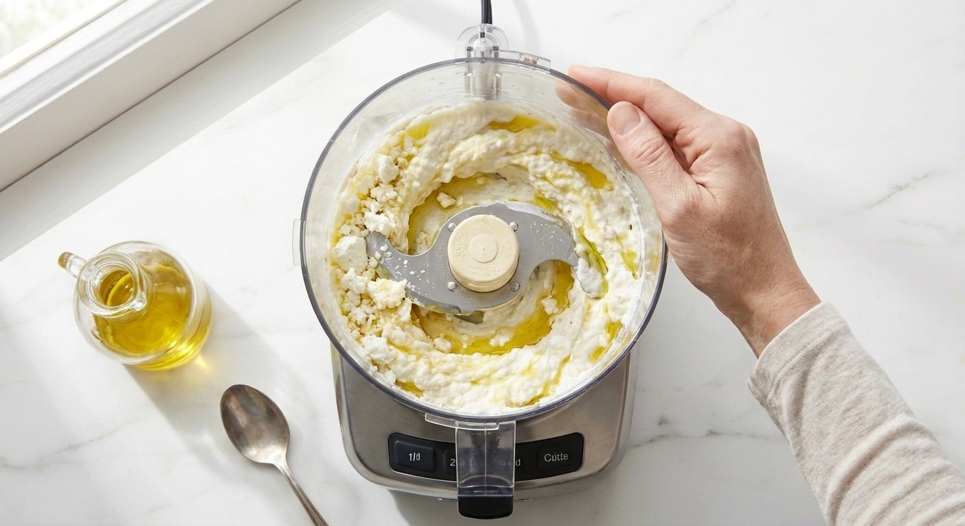Goat cheese being blended with Greek yogurt and olive oil in a food processor, viewed from above on a bright kitchen counter