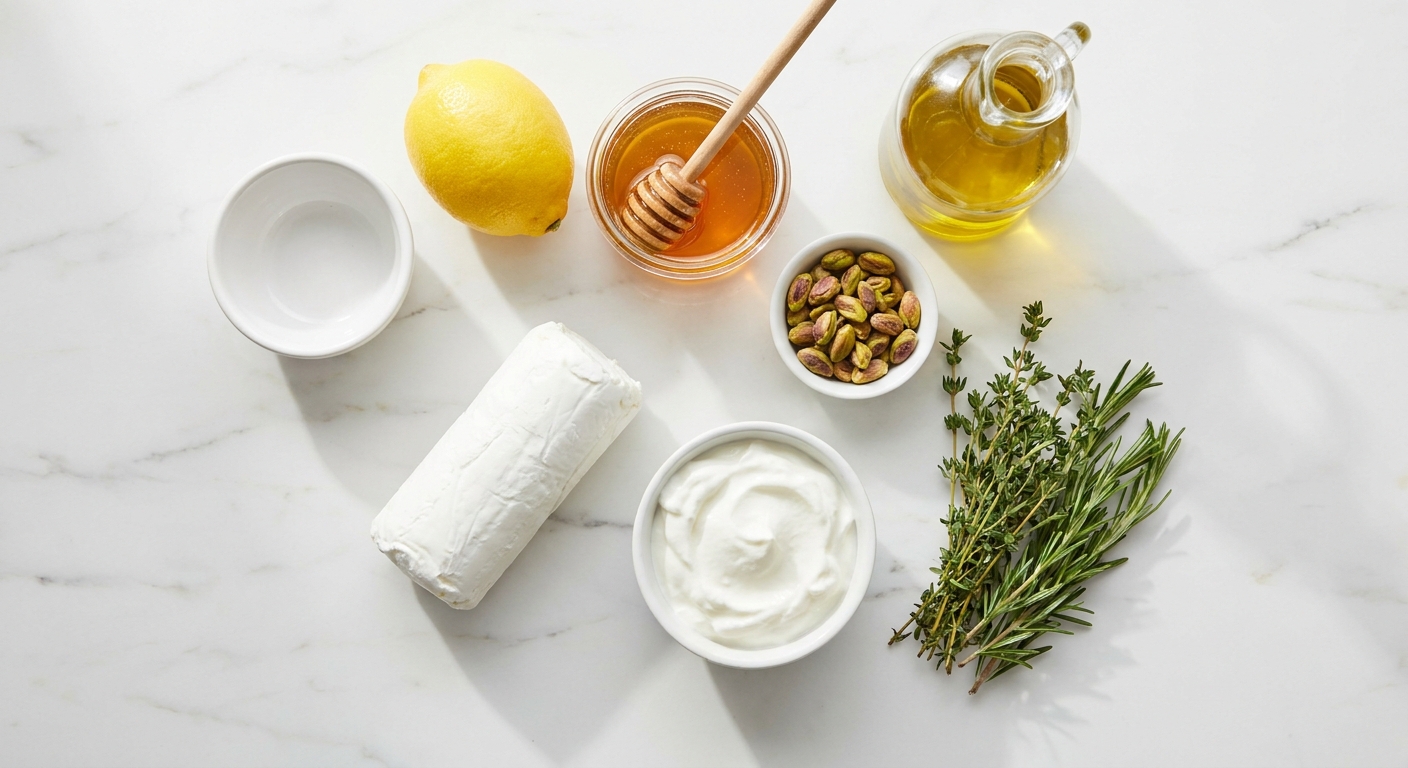 Goat cheese log, Greek yogurt, lemon, honey, pistachios, olive oil, and herbs arranged on a clean kitchen counter in natural light
