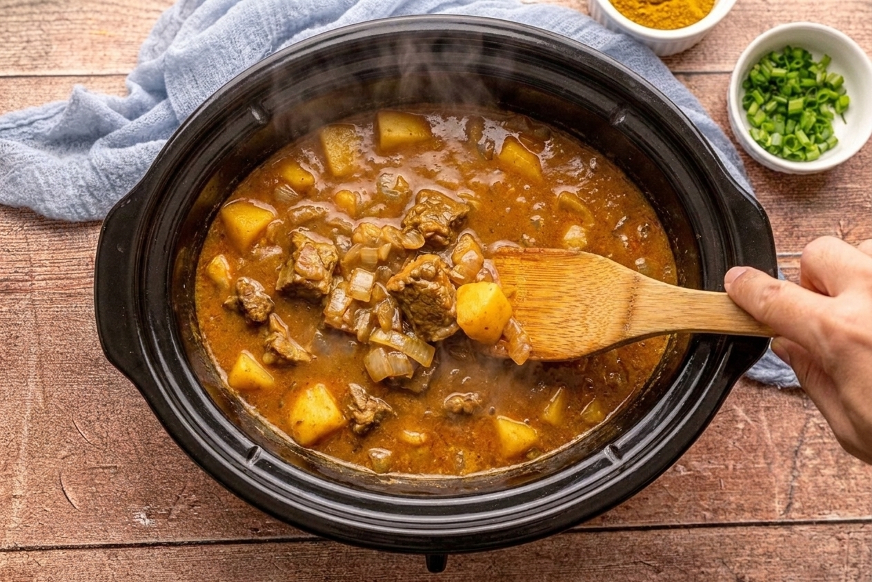 Goat curry simmering in a slow cooker with a rich orange-brown sauce and visible onion pieces