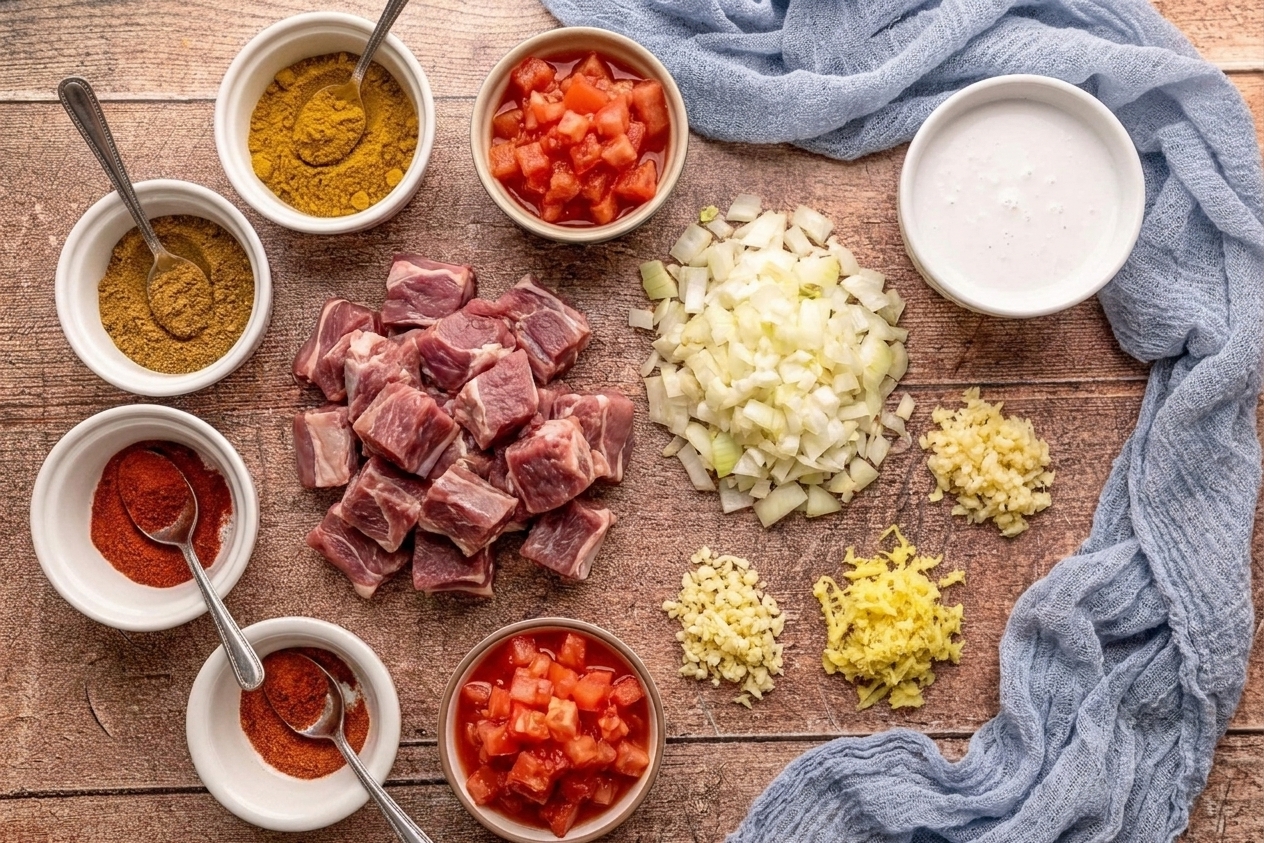 Goat stew meat, onions, garlic, ginger, tomatoes, coconut milk, and small bowls of spices arranged on a bright kitchen counter
