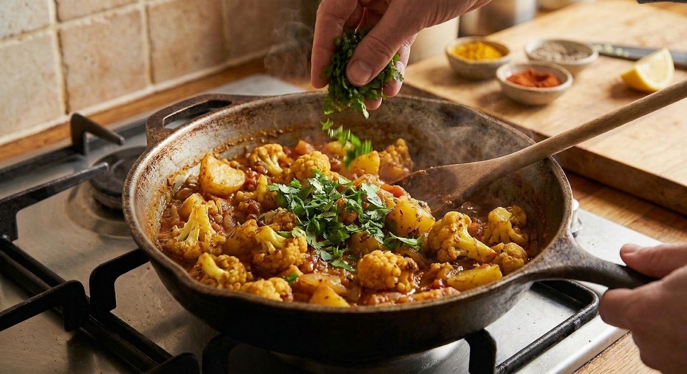 Gobi aloo in a skillet being finished with chopped cilantro and a squeeze of lemon