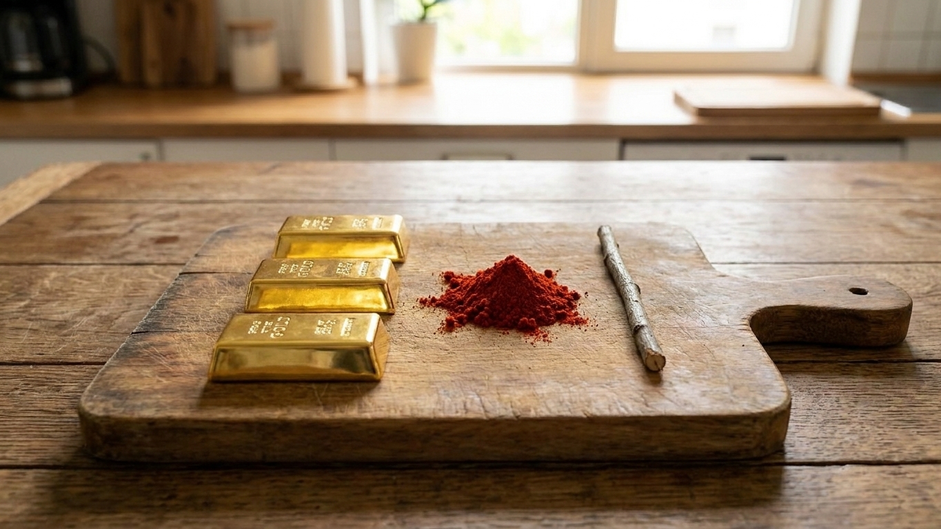 Gold ingots, redstone dust, and a stick laid out like ingredients on a wooden surface