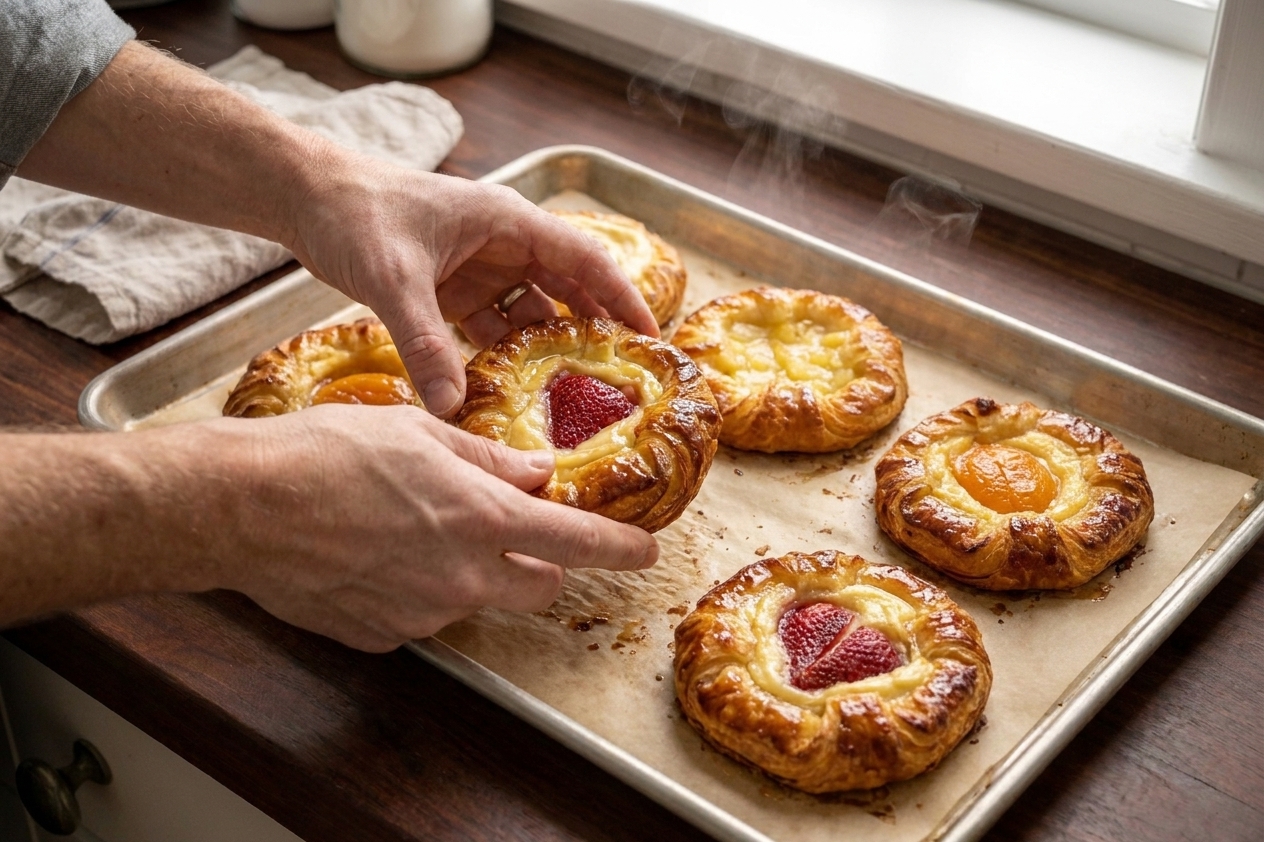 Golden Danish pastries fresh from the oven on a sheet pan with crisp, browned edges and glossy centers
