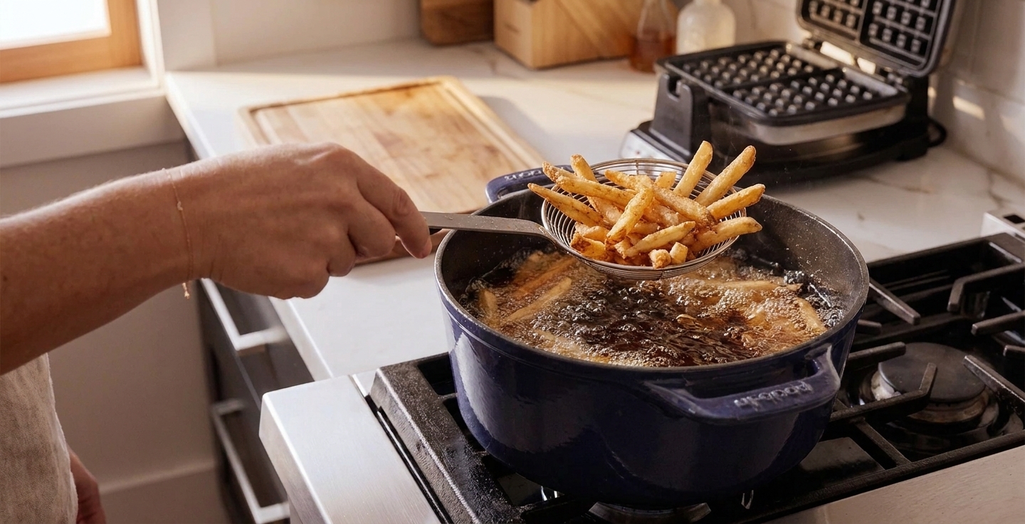Golden French fries bubbling in hot oil during the second fry inside a deep pot on a home stovetop