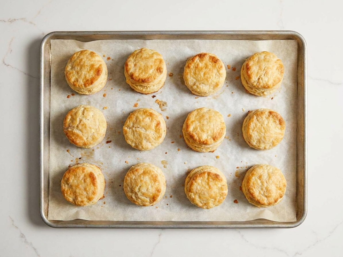 Golden baked biscuits cooling on a parchment-lined sheet pan on a kitchen counter