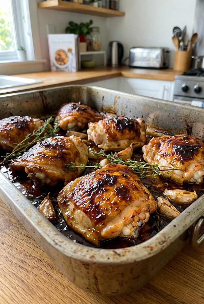 Golden baked chicken thighs in a roasting pan with caramelized glaze and scattered thyme