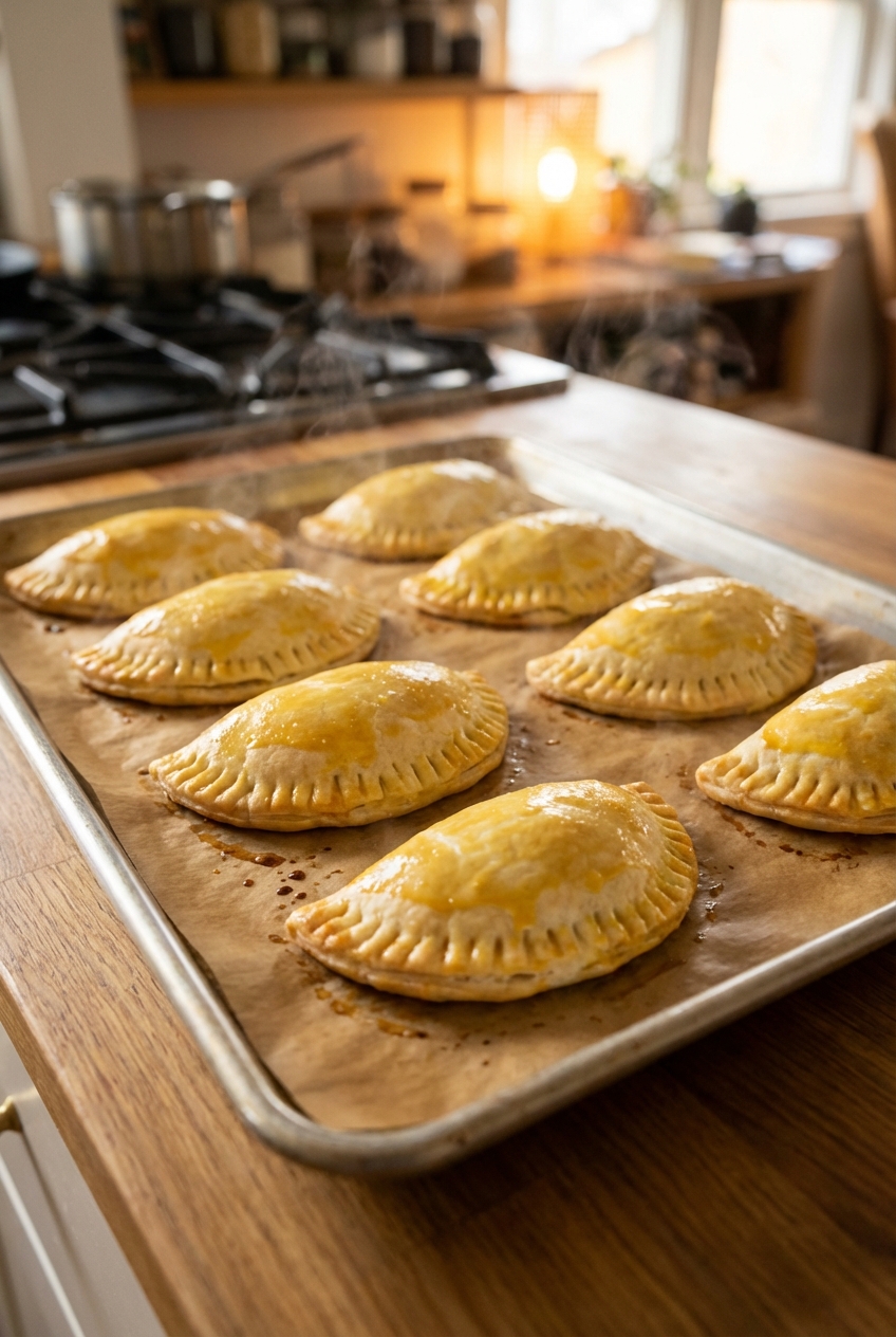 Golden baked empanadas on a parchment-lined sheet pan fresh from the oven