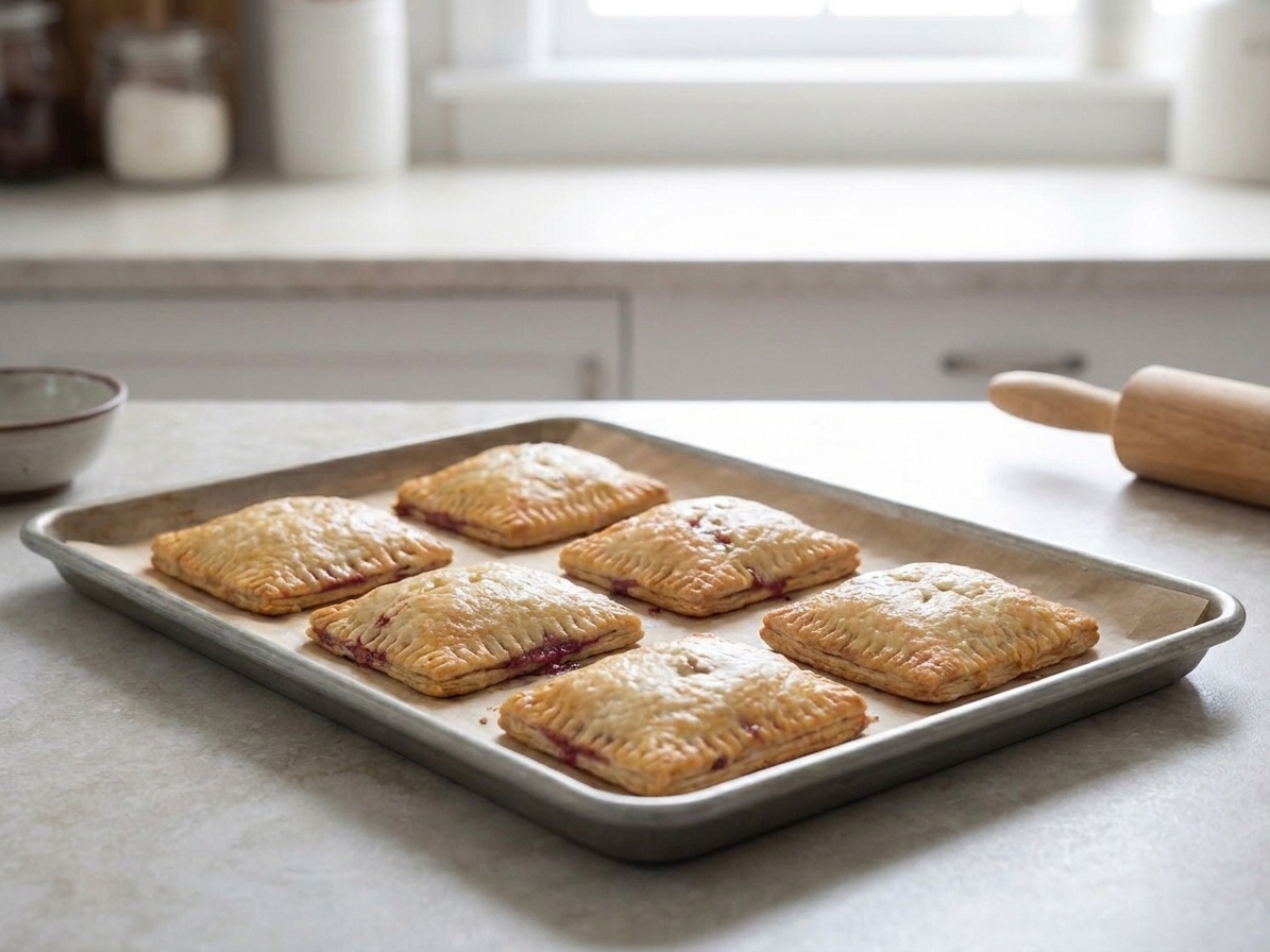 Golden baked homemade pop tarts cooling on a parchment-lined baking sheet on a kitchen counter