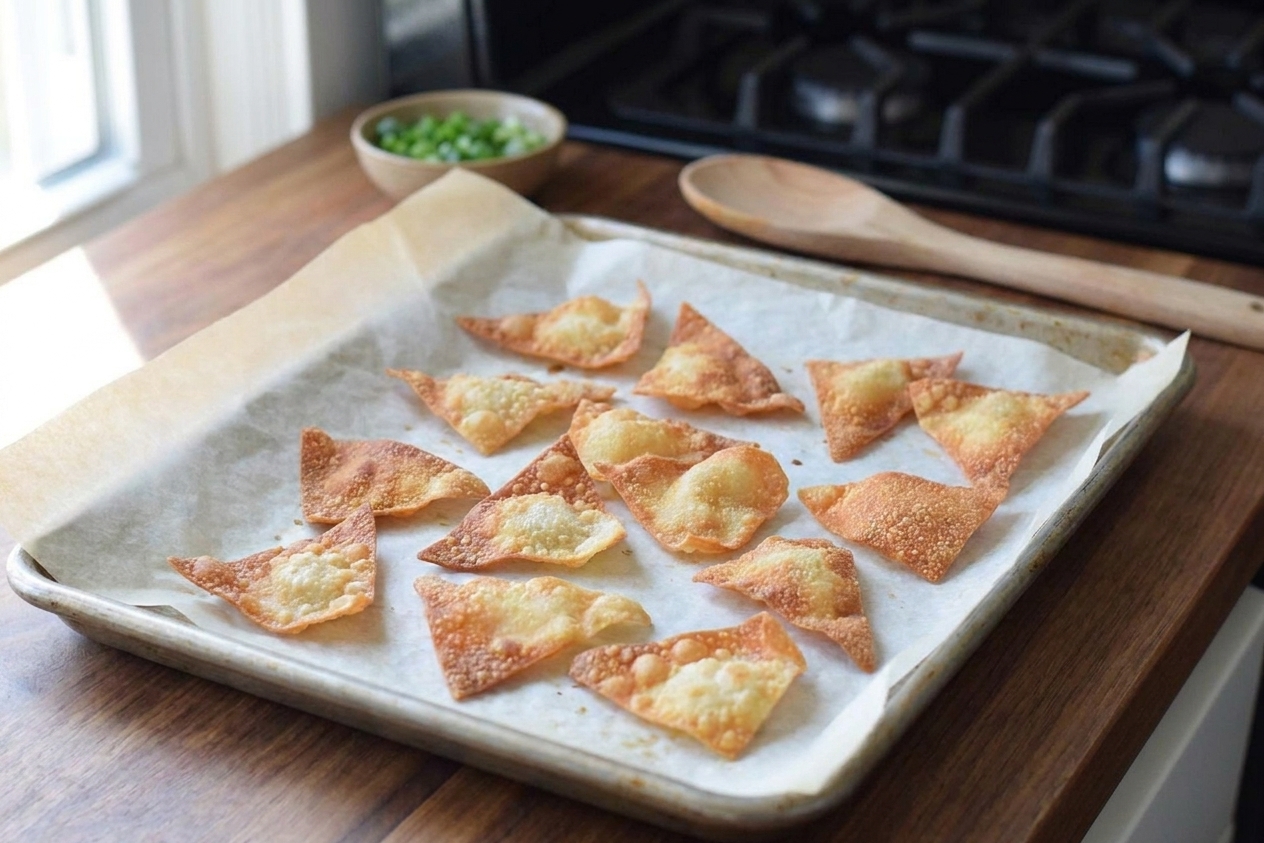 Golden baked wonton chips cooling on a sheet pan lined with parchment paper on a kitchen counter