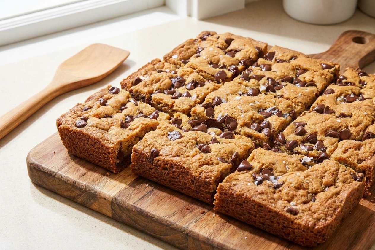 Golden blonde brownies sliced into neat squares on a wooden cutting board with a few chocolate chips melted on top