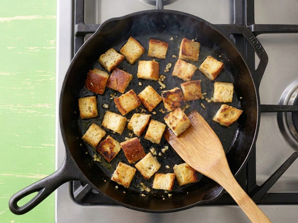 Golden bread croutons toasting in a skillet with small bits of garlic, shot from above on a home stove
