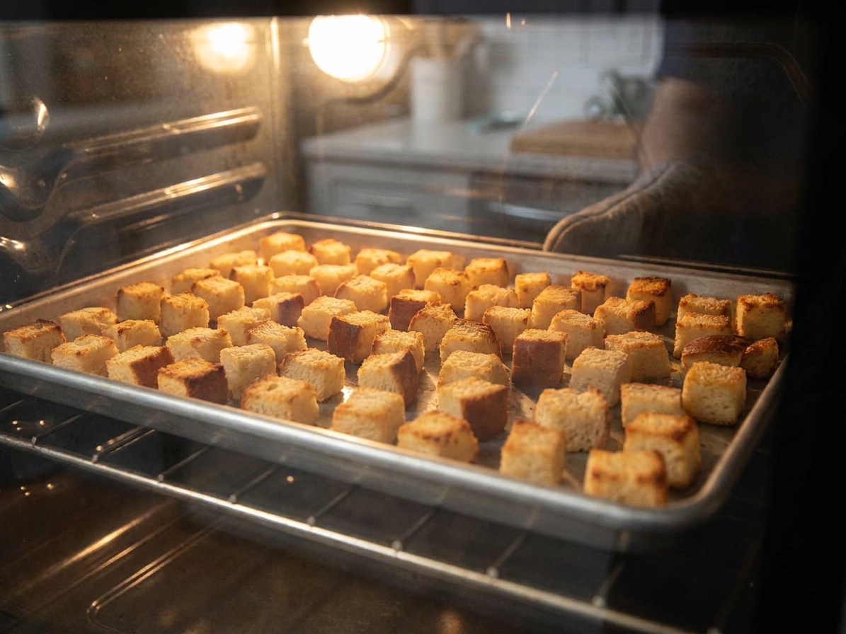 Golden bread cubes toasting on a sheet pan in a home kitchen oven, mid-bake with crisp edges forming