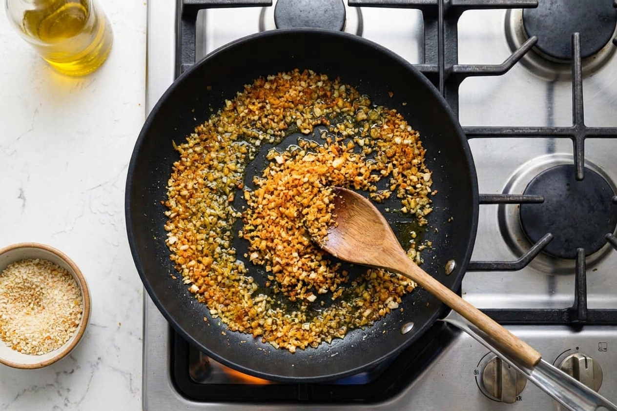 Golden breadcrumbs toasting in a skillet with olive oil on a stovetop