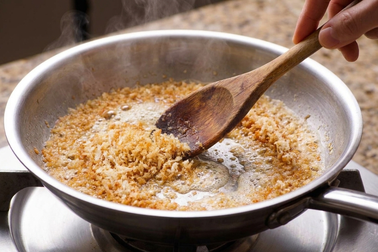 Golden breadcrumbs toasting in melted butter in a skillet on a stovetop, with a wooden spoon stirring