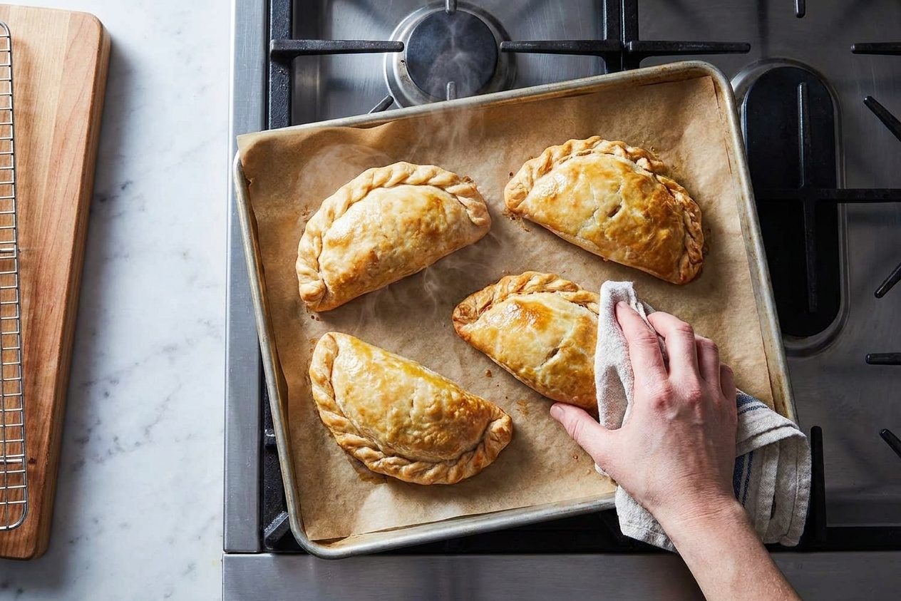 Golden brown Cornish pasties on a parchment lined sheet pan just out of the oven on a stovetop