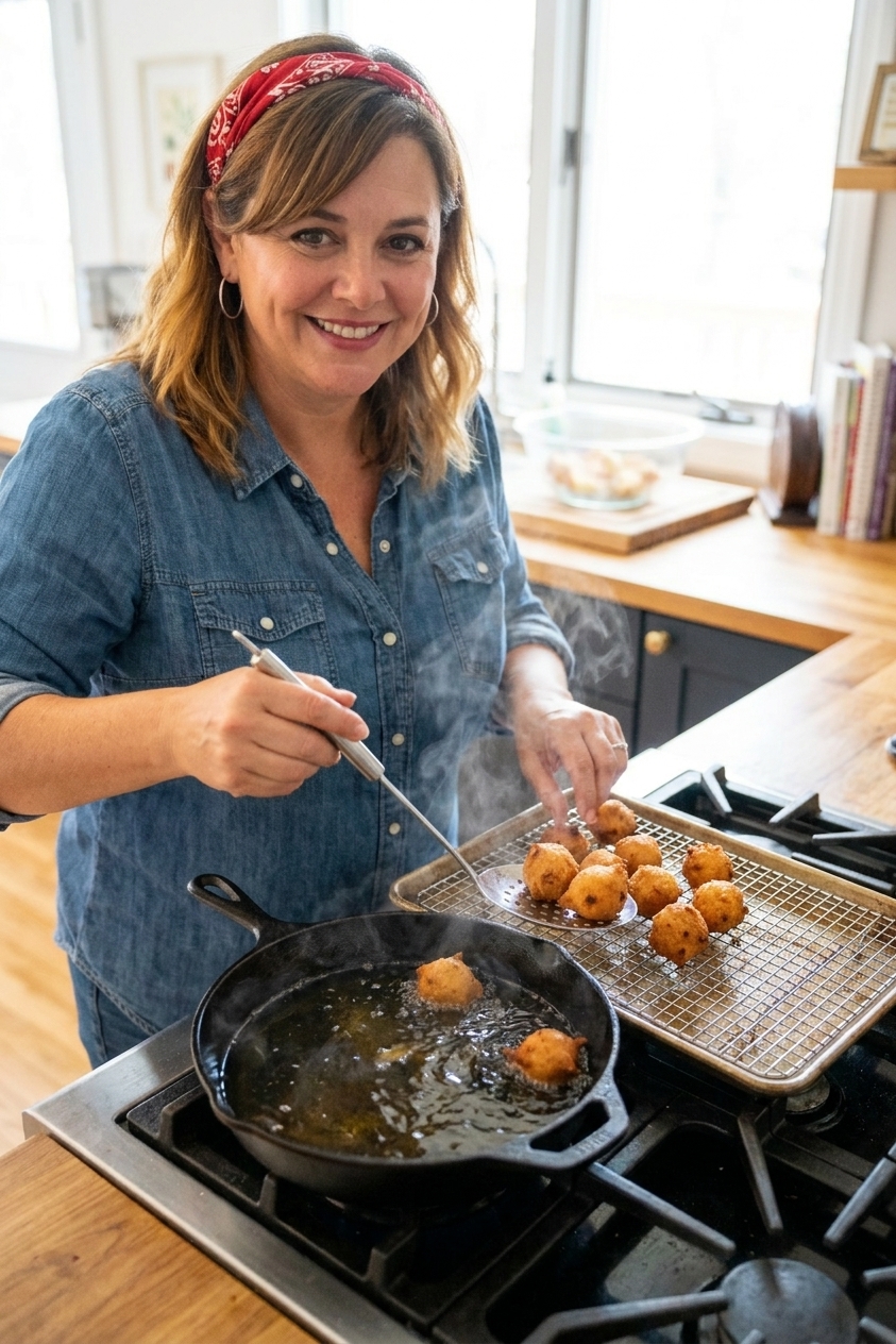 Golden brown Southern hush puppies draining on a wire rack beside a cast iron skillet of hot oil on a home kitchen stove