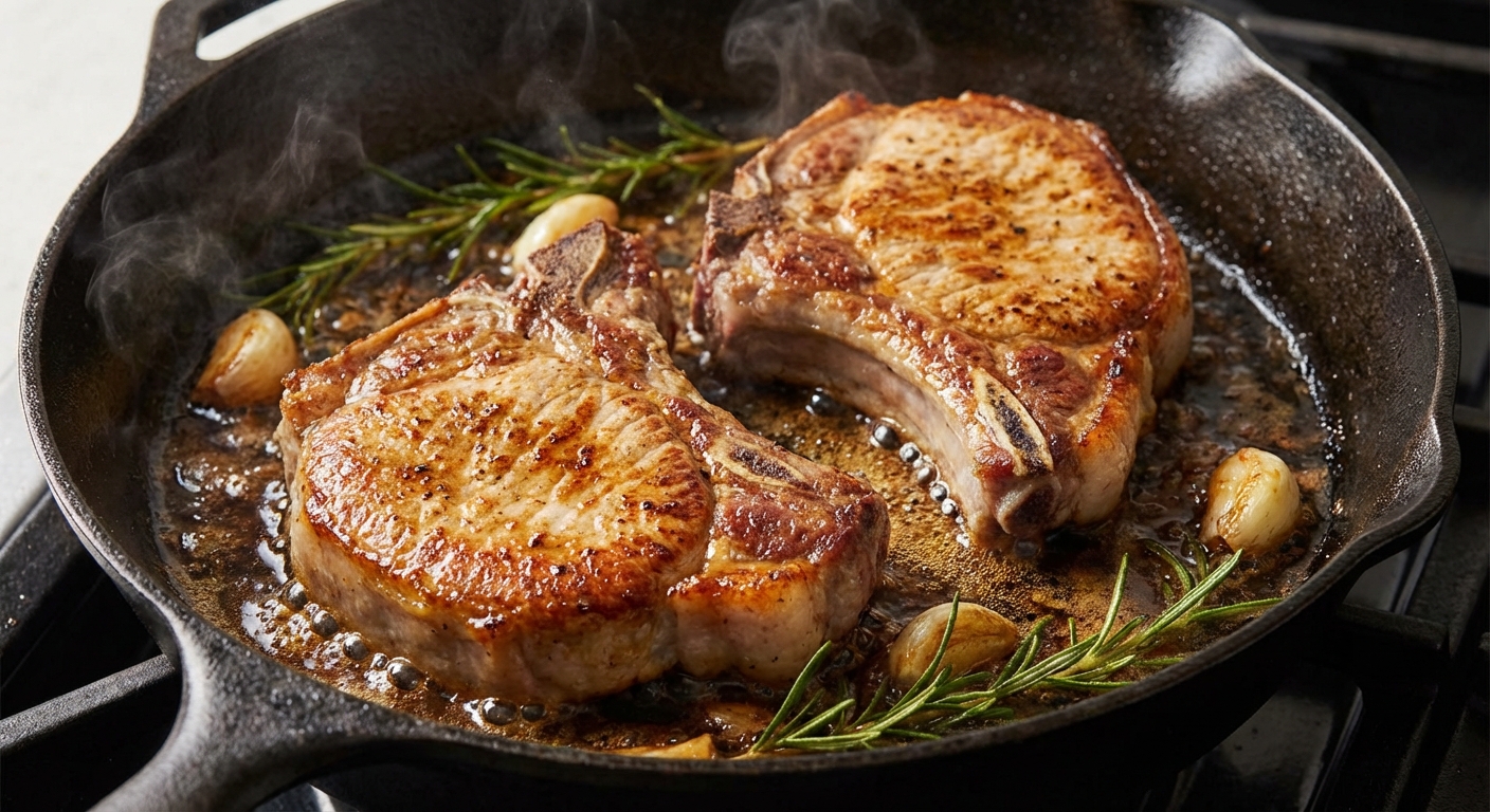 Golden-brown bone-in pork chops sizzling in a cast iron skillet with rosemary, garlic, and bubbling pan sauce