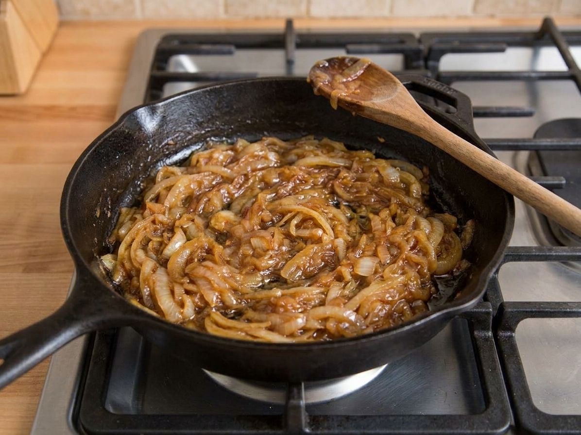 Golden brown caramelized onions in a cast iron skillet on a home stove with a wooden spoon resting on the edge