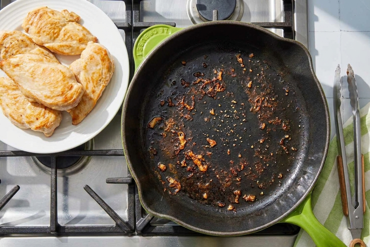 Golden brown chicken cutlets resting on a plate beside a skillet on the stovetop, with visible browned bits in the pan