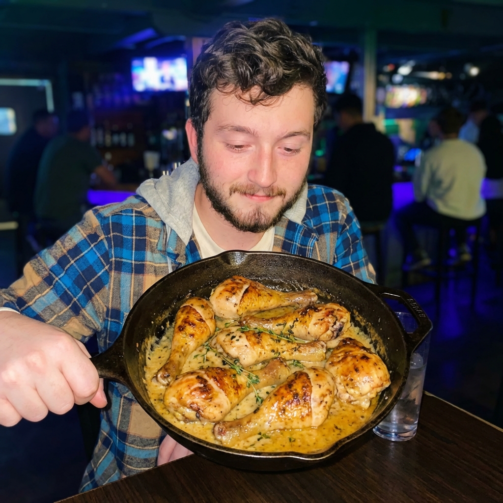 Golden-brown chicken drumsticks in a cast iron skillet coated in a glossy, creamy pan sauce with thyme