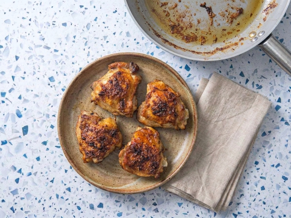 Golden-brown chicken thighs resting on a plate after searing, with a skillet in the background
