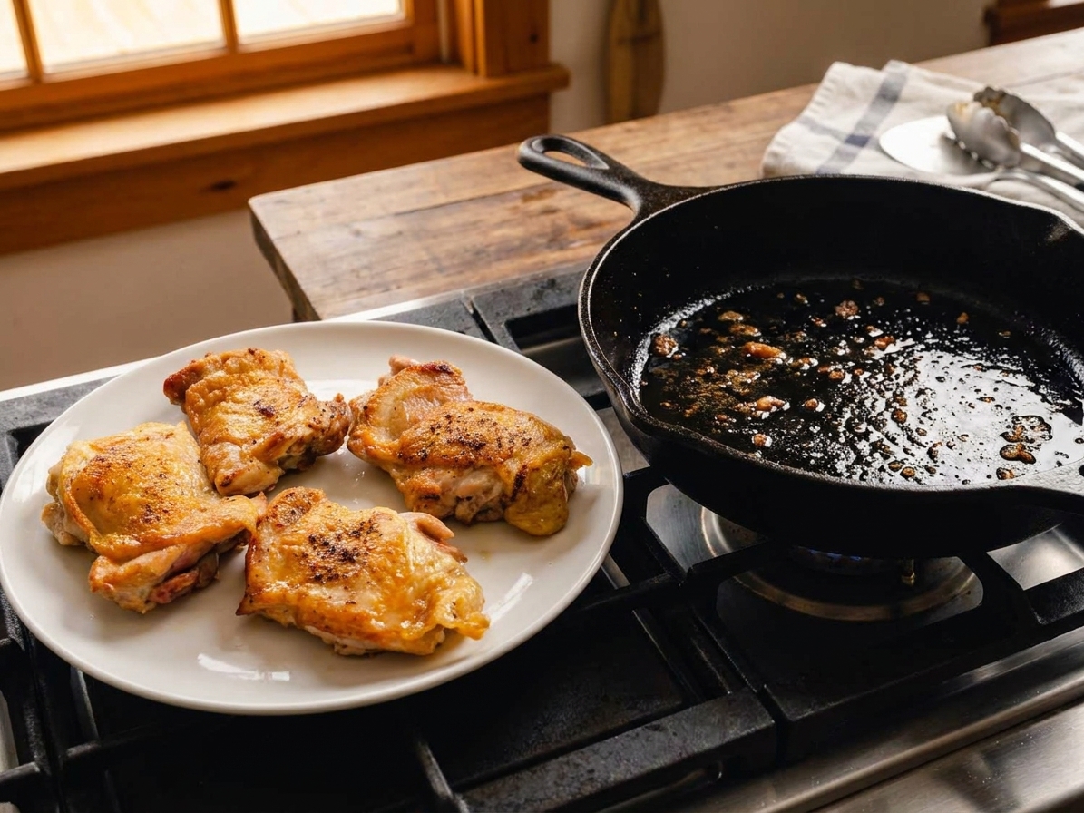 Golden brown chicken thighs resting on a plate next to a skillet on a stovetop