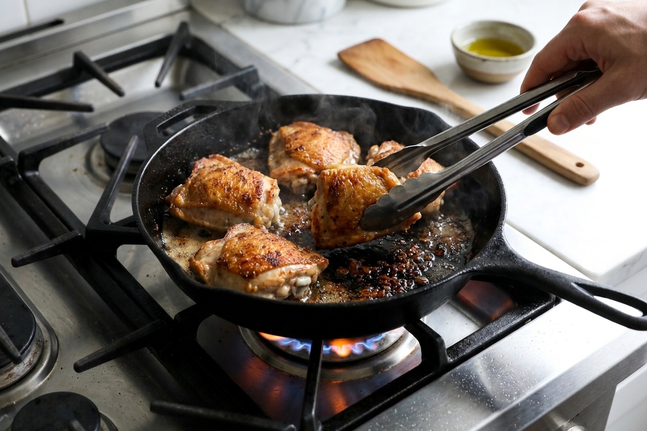 Golden-brown chicken thighs searing in a skillet with browned bits forming on the bottom of the pan on a stovetop