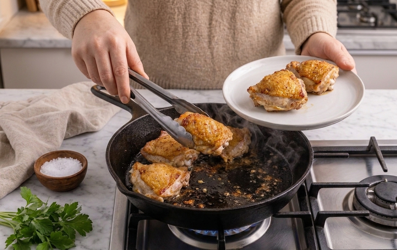 Golden-brown chicken thighs with crisp skin resting on a plate next to a skillet on the stovetop