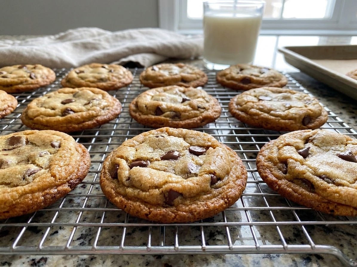 Golden brown chocolate chip cookies with crisp edges cooling on a wire rack on a kitchen counter