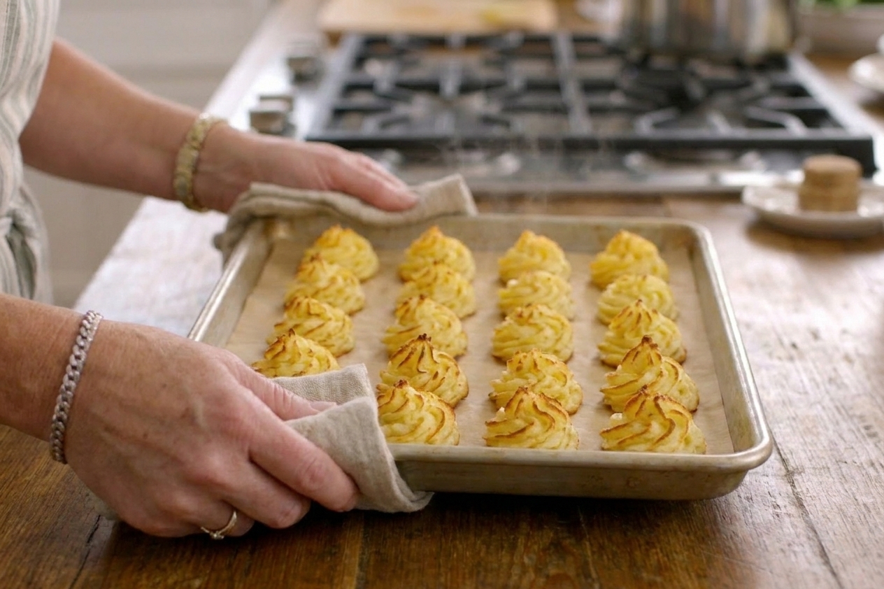 Golden-brown duchess potatoes with crisp ridges on a parchment-lined baking sheet, fresh from the oven