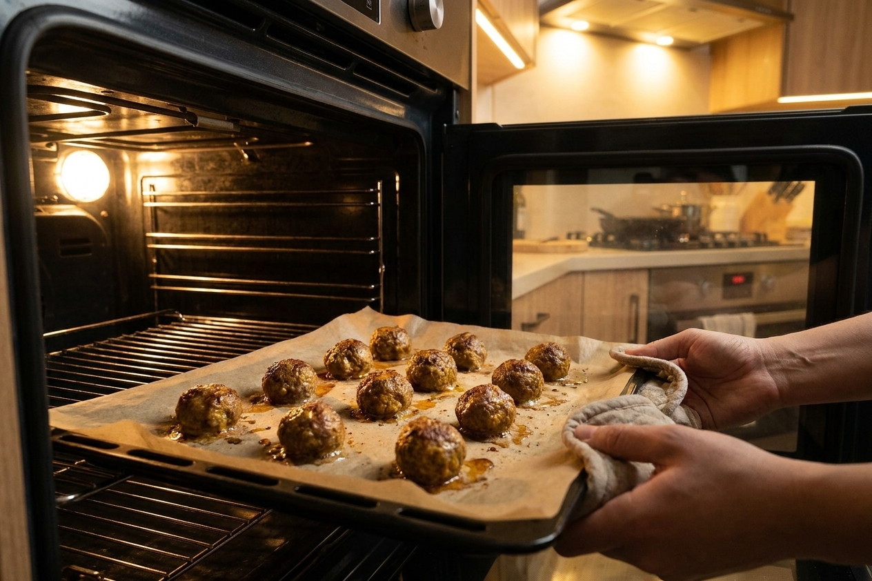 Golden-brown lamb meatballs baking on a parchment-lined sheet pan inside a home oven