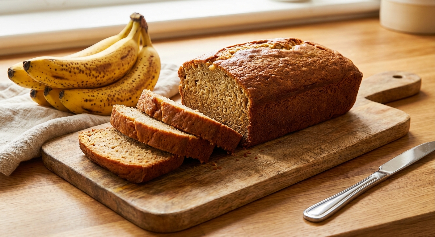 Golden brown loaf of banana bread on a wooden cutting board with a few slices cut and ripe bananas in the background