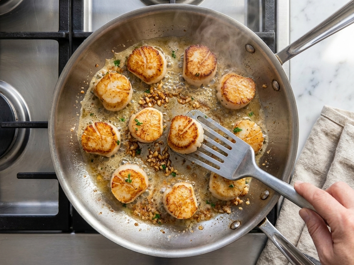 Golden-brown sea scallops searing in a stainless steel skillet with bubbling butter and minced garlic