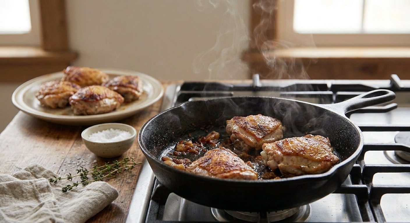 Golden-brown seared chicken pieces resting on a plate beside a skillet with browned bits