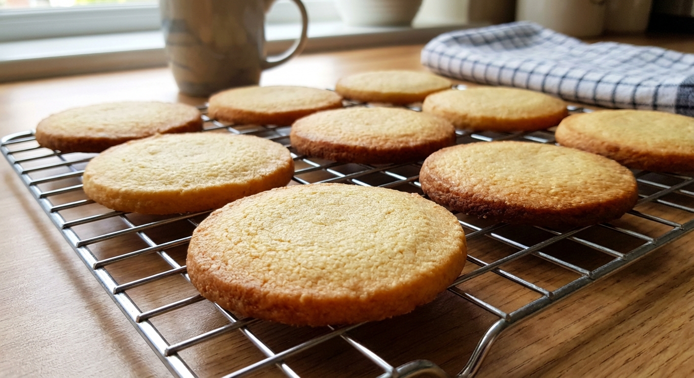 Golden butter cookies cooling on a wire rack with lightly browned edges