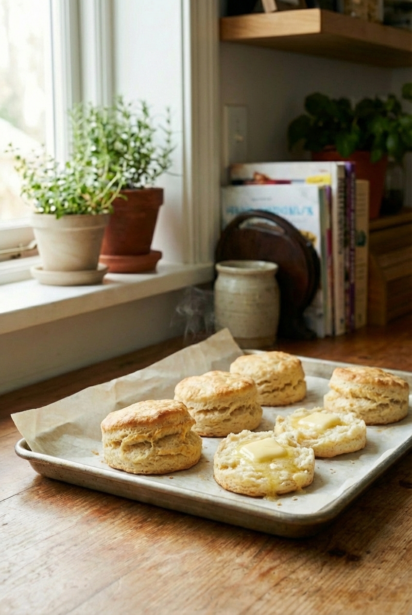 Golden buttermilk biscuits split open with butter on a baking tray lined with parchment