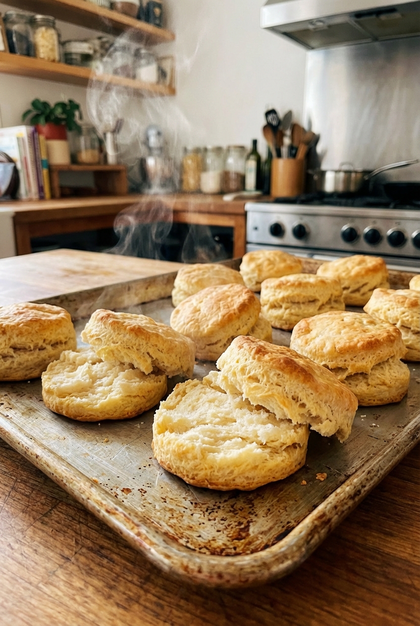 Golden buttermilk biscuits split open with steam rising on a baking tray