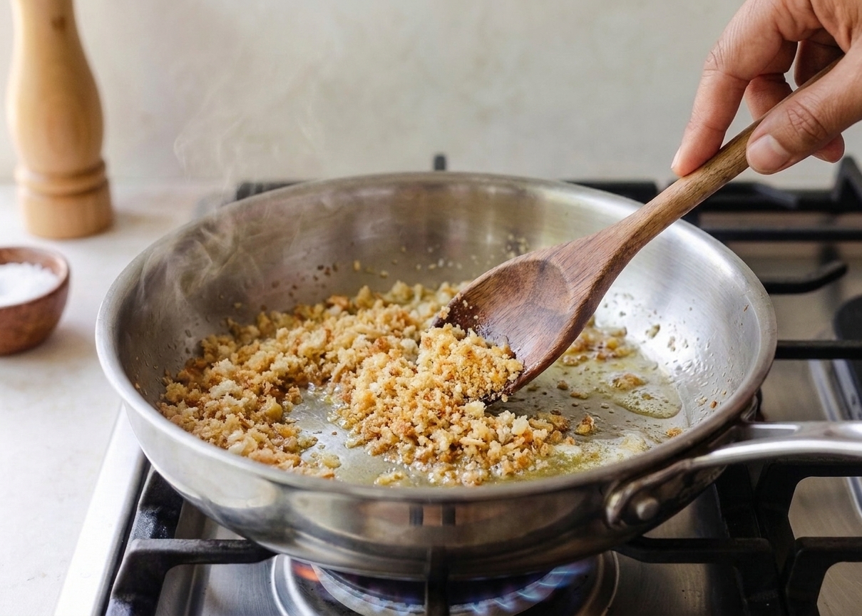 Golden buttery breadcrumbs toasting in a small skillet with a spoon stirring