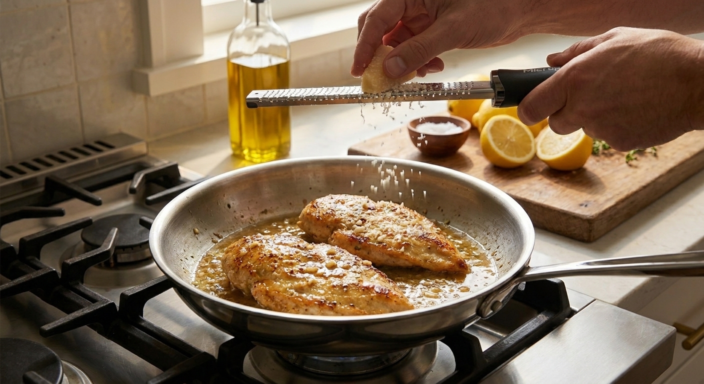 Golden chicken cutlets in a pan with a glossy lemon garlic sauce and freshly grated Parmesan on top