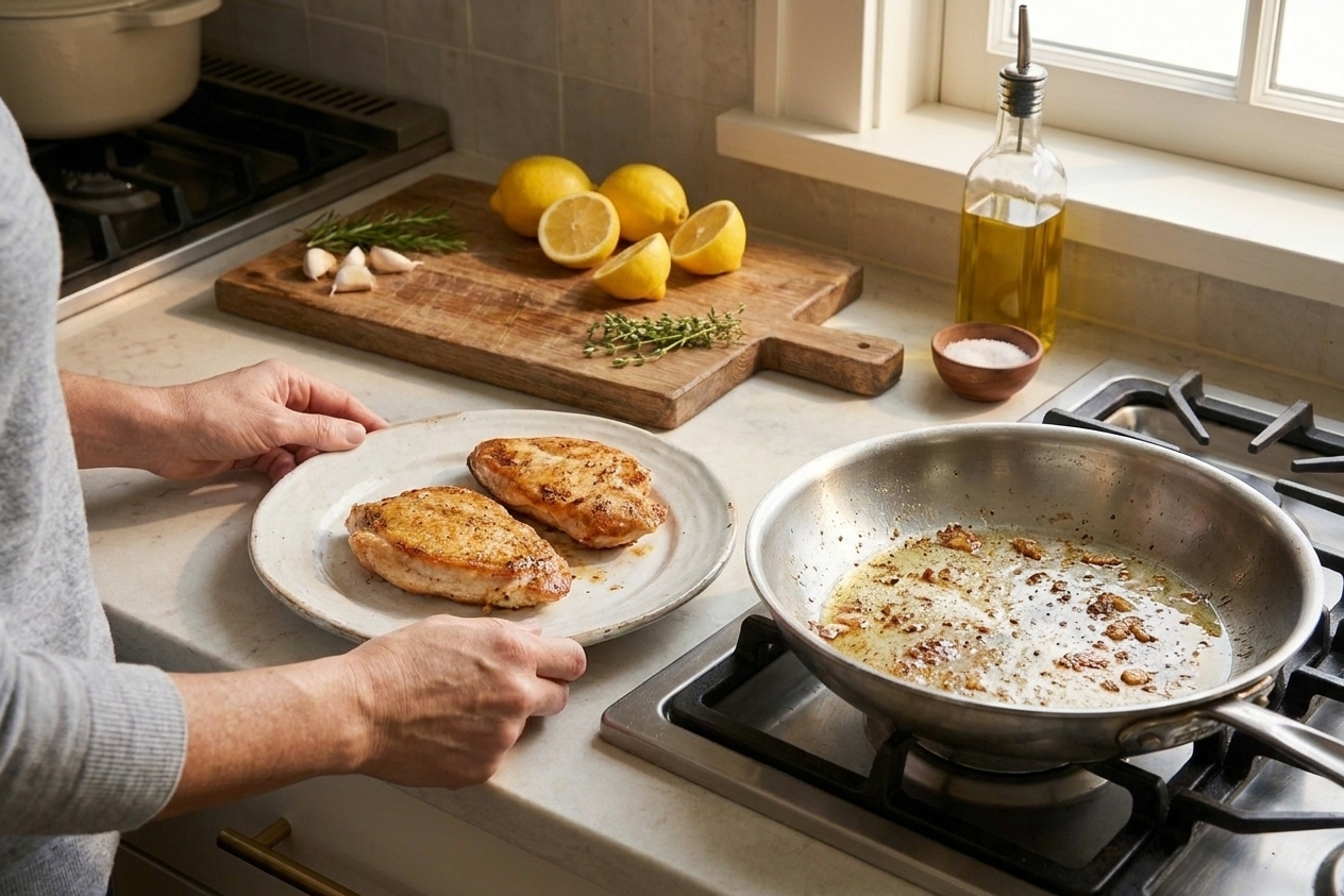 Golden chicken cutlets resting on a plate next to a pan on the stove