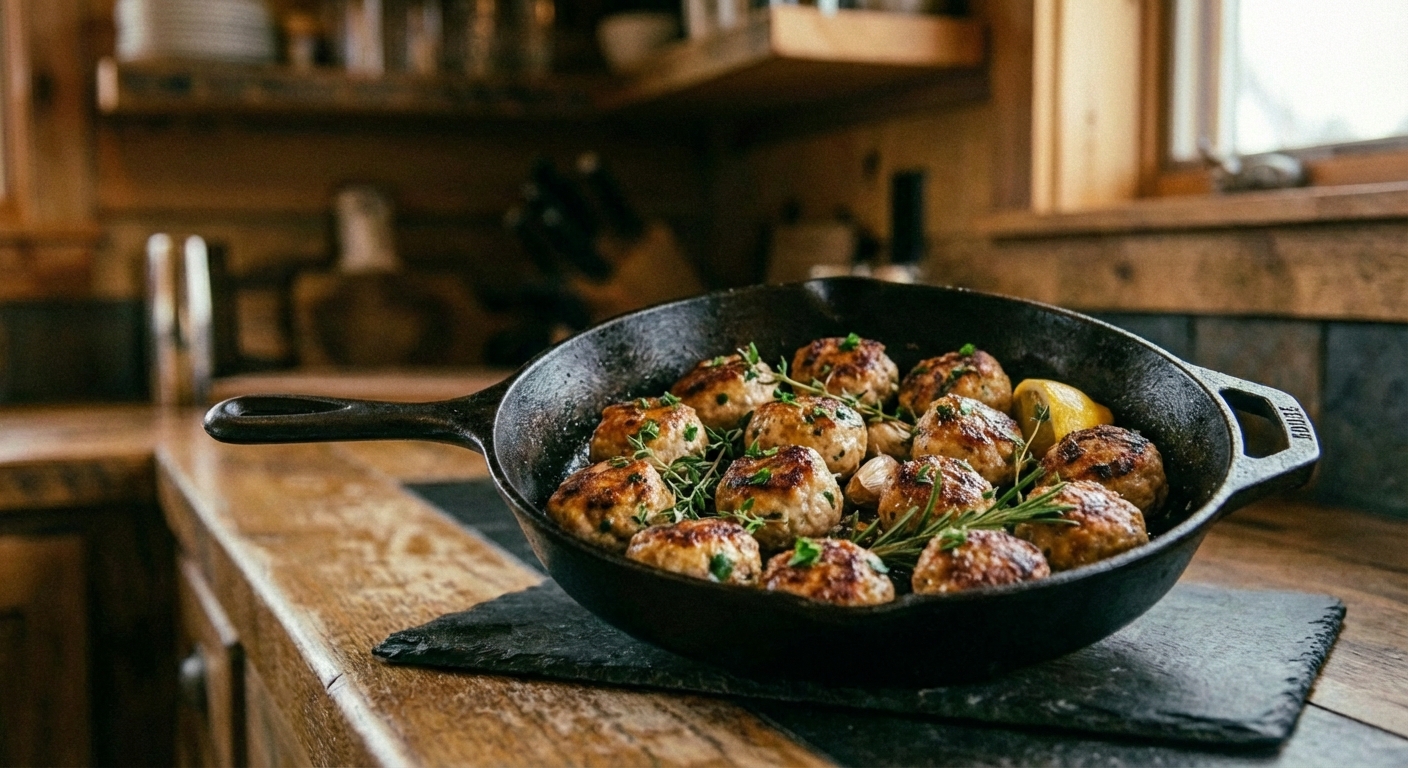 Golden chicken meatballs in a skillet with herbs